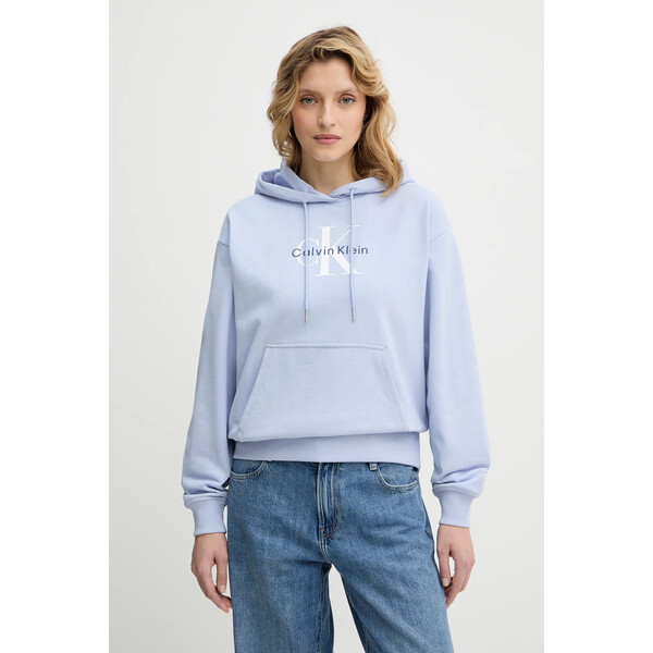 Calvin Klein Jeans bluza  damska kolor niebieski z kapturem gładka LV047E221G