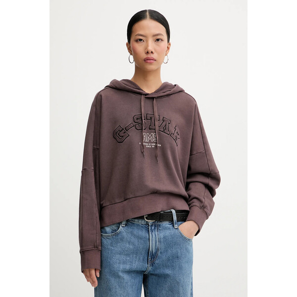 G-Star bluza bawełniana  damska kolor brązowy z kapturem z aplikacją D27266-D969