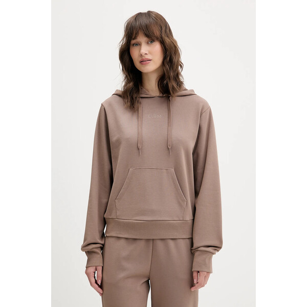 Guess bluza SOFIA  damska kolor brązowy z kapturem gładka O5RQ02 KCO31