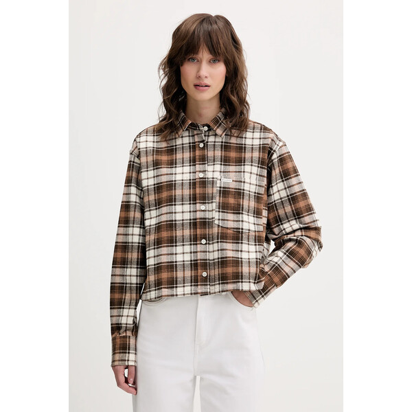 Guess Jeans koszula bawełniana  damska kolor brązowy relaxed z kołnierzykiem klasycznym W5BH39 WGMH1