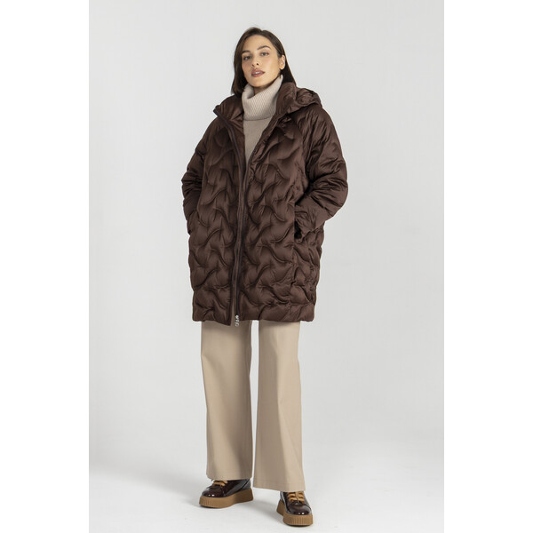 Deni Cler Brązowa puchowa kurtka w formie kokonu T-DC-9063-E5-40-71-1