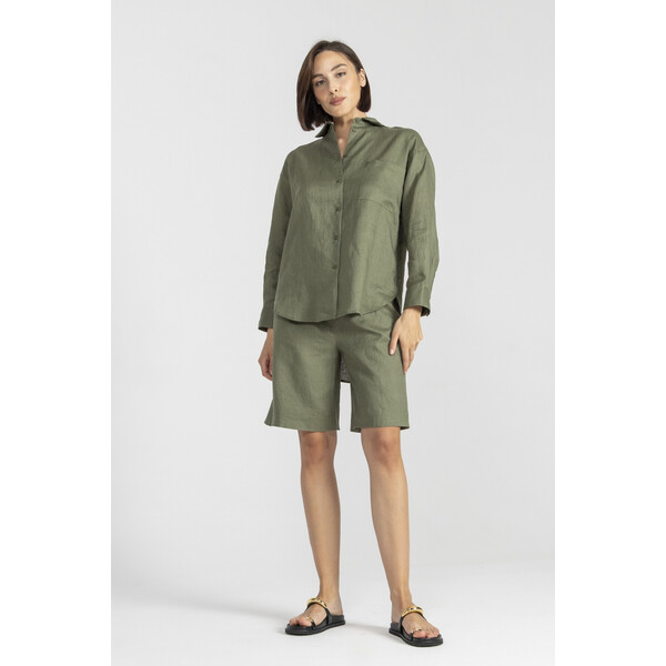 Deni Cler Krótkie zielone lniane spodnie T-DC-5026-E2-60-42-1