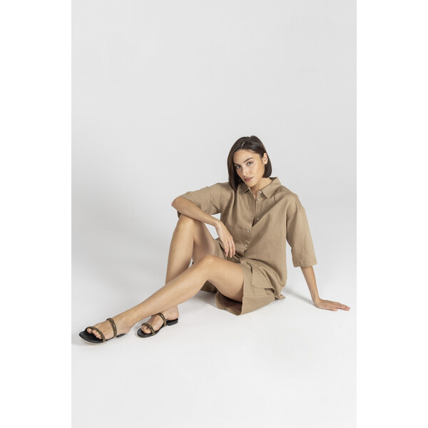 Deni Cler Beżowa koszula z krótkim rękawem T-DC-1225-E2-60-71-1