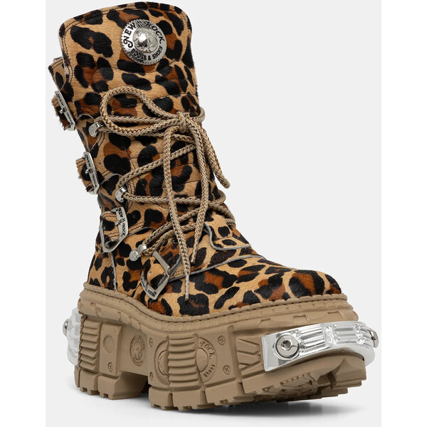 New Rock workery skórzane PELO LEOPARDO CUERO  damskie kolor brązowy na platformie M-WALL373-C5