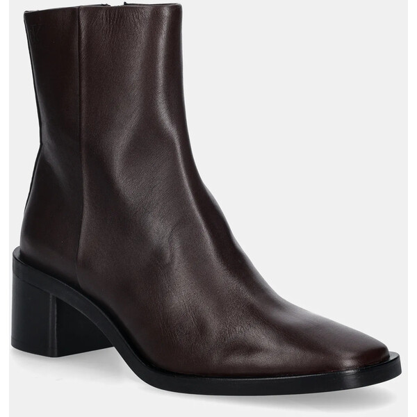 Calvin Klein botki skórzane BLOCK HEEL ZIP BOOT LTH  damskie kolor brązowy na słupku HW0HW02593