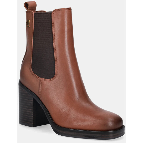 Tommy Hilfiger botki skórzane SQUARE TOE CHELSEA HIGH BLOCK HL  damskie kolor brązowy na słupku FW0FW08844