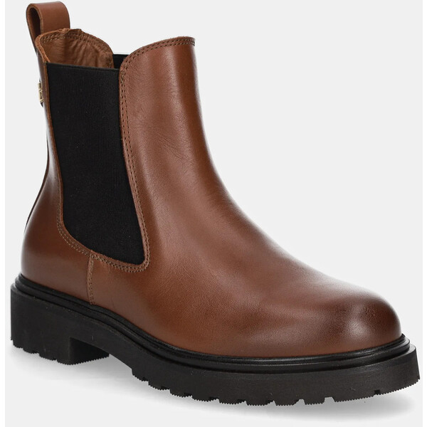 Tommy Hilfiger sztyblety skórzane LEATHER CLEATED CHELSEA  damskie kolor brązowy na płaskim obcasie FW0FW08766