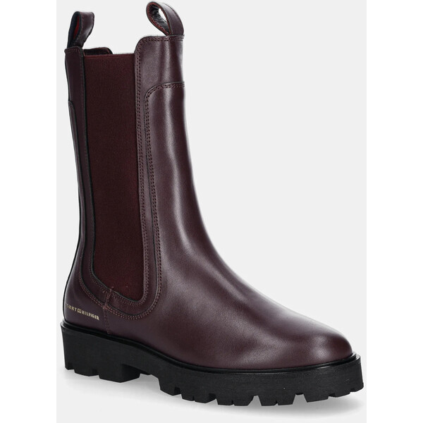 Tommy Hilfiger sztyblety skórzane TH LTHR MID CHELSEA  damskie kolor bordowy na płaskim obcasie FW0FW08770