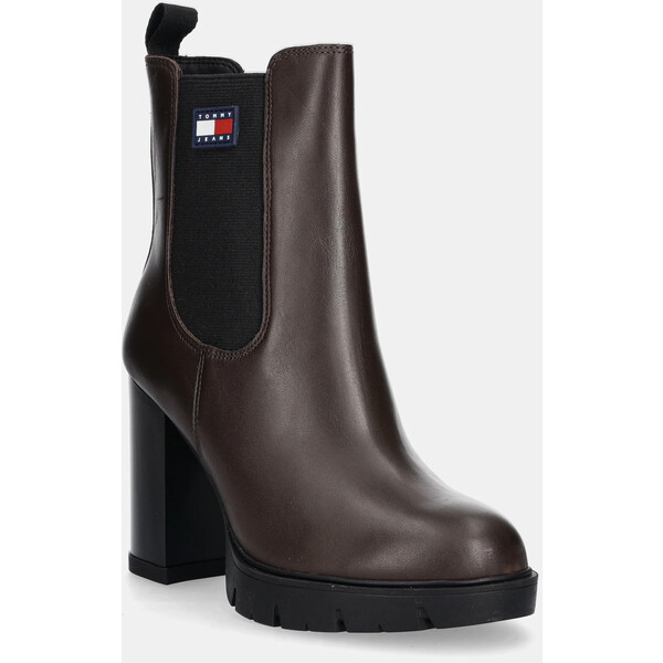 Tommy Jeans botki skórzane TJW LEATHER HEEL BOOT  damskie kolor brązowy na słupku lekko ocieplone EN0EN02831