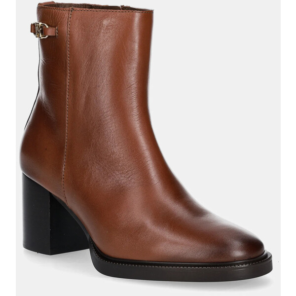 Tommy Hilfiger botki skórzane STACKED HEEL LEATHER ANKLE BOOT  damskie kolor brązowy na słupku FW0FW08864