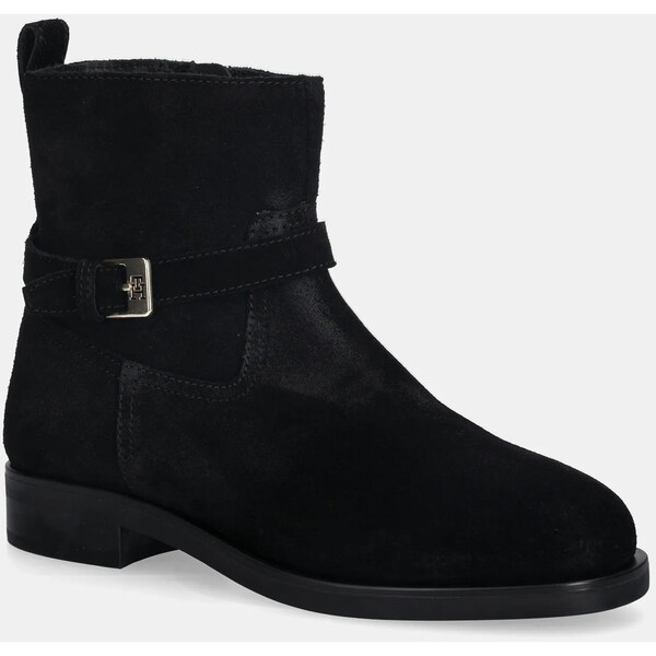 Tommy Hilfiger botki zamszowe TH BUCKLE RIDING SUEDE BOOTIE  damskie kolor czarny na płaskim obcasie FW0FW09047