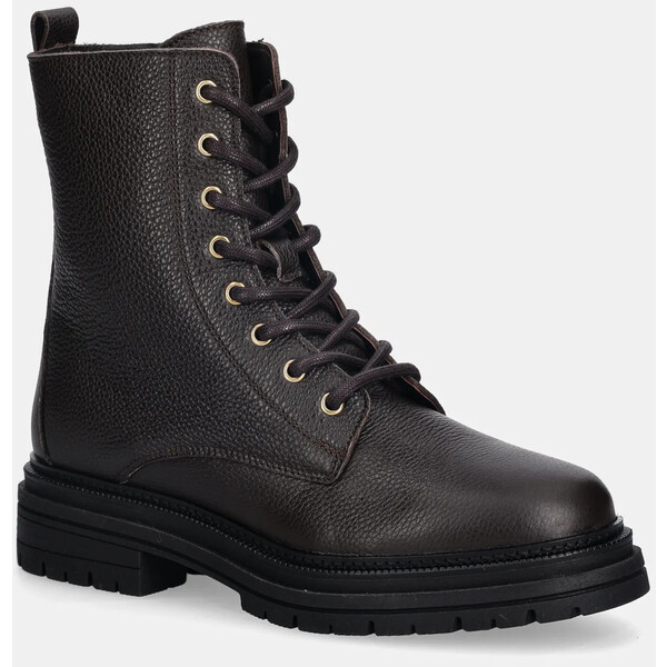 Tommy Hilfiger workery skórzane TH PLAQUE PEBBLE LACE BOOT  damskie kolor brązowy na platformie lekko ocieplone FW0FW08767