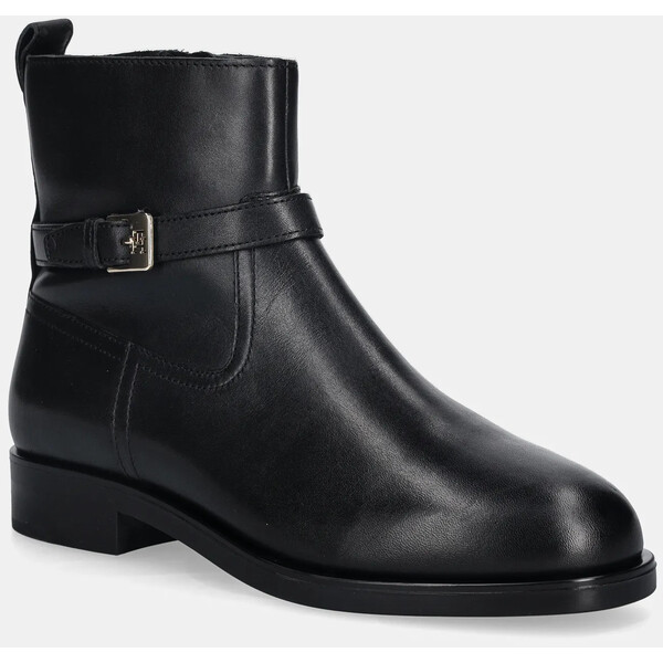 Tommy Hilfiger botki skórzane TH BUCKLE RIDING LEATHER BOOTIE  damskie kolor czarny na płaskim obcasie FW0FW08781