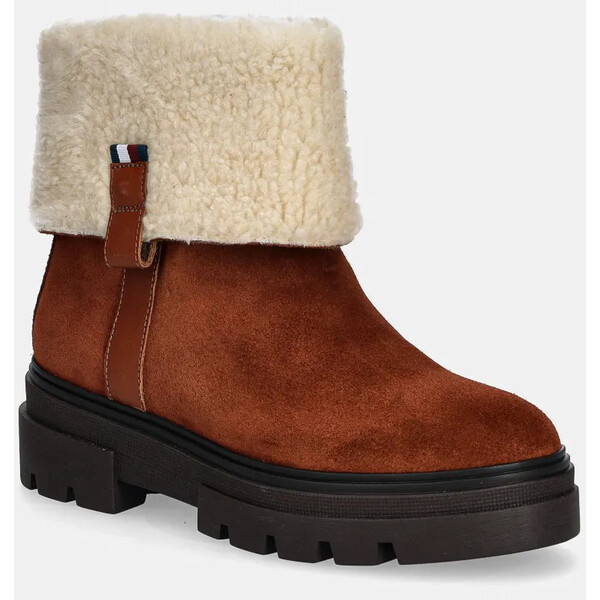 Tommy Hilfiger botki zamszowe FAUX FUR SUEDE ROLL-DOWN BOOT  kolor brązowy na płaskim obcasie ocieplone FW0FW08158