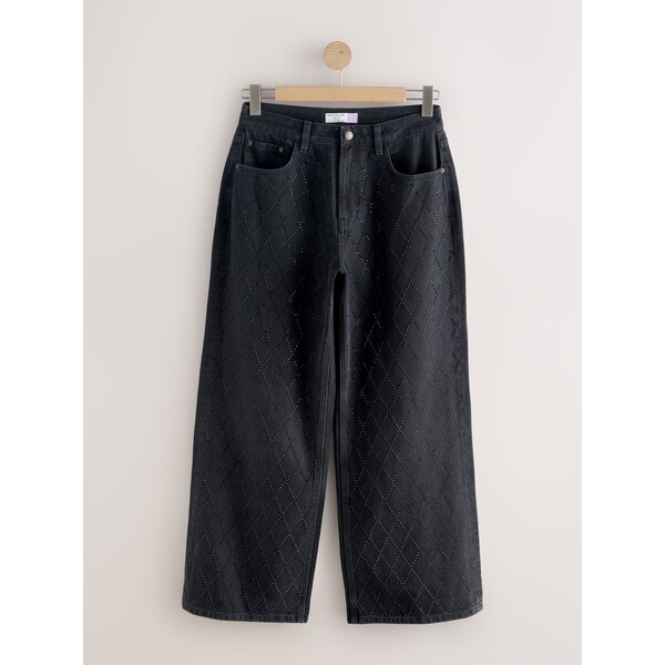 Next Czarne zdobione - Dżinsy o kroju klepsydry z szerokimi nogawkami H15-496