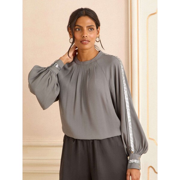 Love & Roses Szary - Love &amp; Roses Crew Neck Long Sleeve Sequin Trim Blouse H73-173