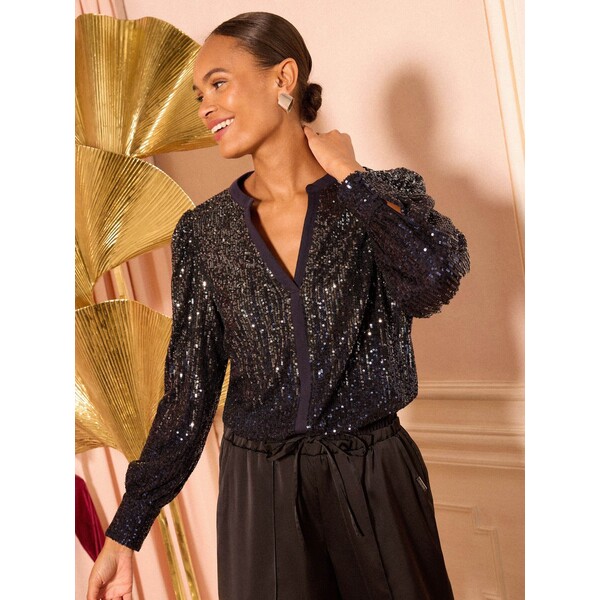 Love & Roses Granatowy - Bluzka Love &amp; Roses z długim rękawem i wycięciem przy dekolcie H18-285