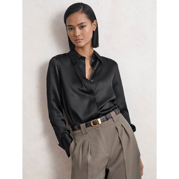 Czarny - Jedwabna koszula satynowa Reiss Ameira z krytą plisą W25-004