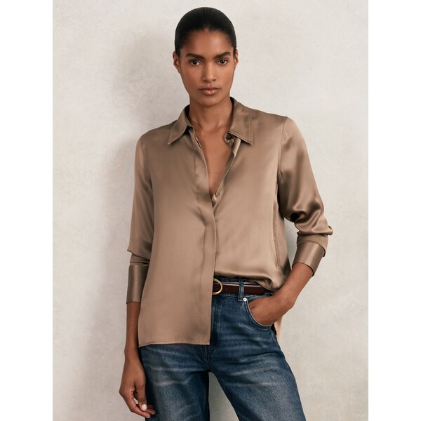 Beż - Jedwabna koszula satynowa Reiss Ameira z krytą plisą H11-907