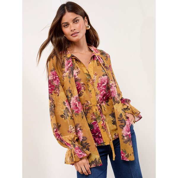 Żółty z kwiecistym nadrukiem - Bluzka Lipsy z kokardą F45-097
