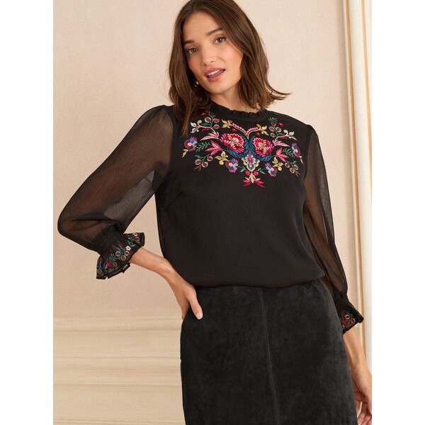 Love & Roses Czarny - Love &amp; Roses Embellished 3/4 Flute Sleeve Blouse F86-686