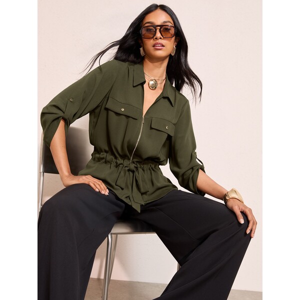 Zielony - Friends Like These Utility Style Tie Waist Shirt H83-268