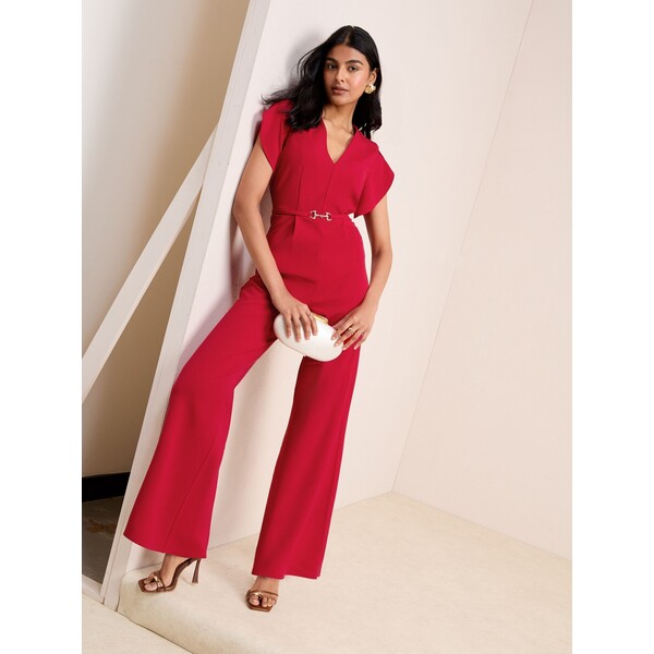 Czerwony - Teksturowany kombinezon z długimi nogawkami Friends Like These z dekoltem w szpic i rękawami tulipanowymi H23-920