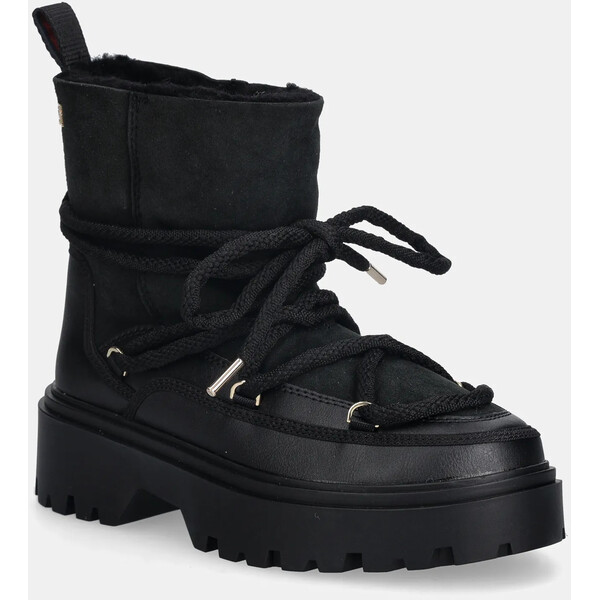Tommy Hilfiger śniegowce REAL SHEARLING LACEUP  damskie kolor czarny FW0FW08996