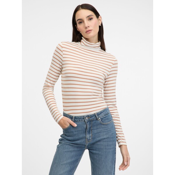 Beżowa koszulka damska w paski z długim rękawem ORSAY 1001518A00238