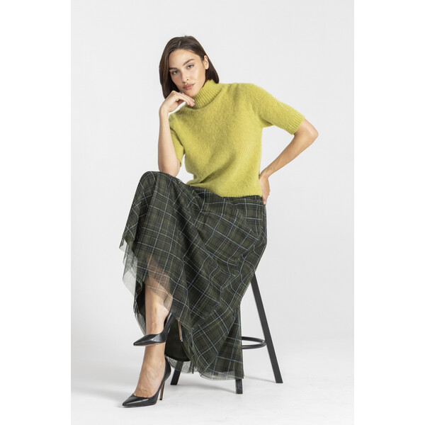 Deni Cler Zielona spódnica z warstw tiulu w kratę W-DC-7062-E5-M5-46-1