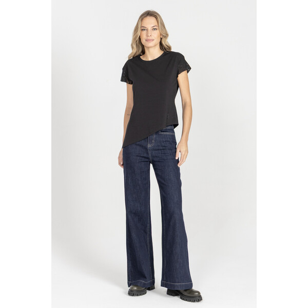 Deni Cler Czarny t-shirt z rękawami z tiulu T-DC-T253-E5-10-90-1