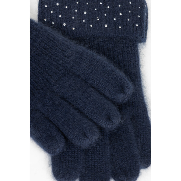 Deni Cler Granatowe rękawiczki z kaszmiru ozdobione kryształkami T-DC-L52D-E5-85-58-1