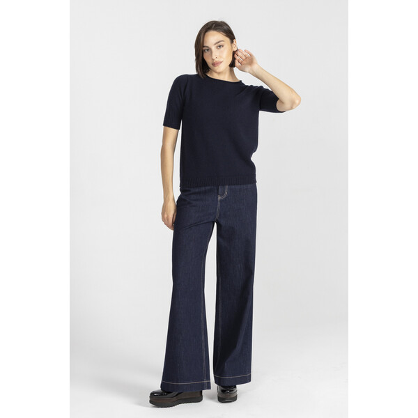 Deni Cler Granatowy sweter z krótkim rękawem z wełny i kaszmiru T-DC-S278-E5-90-58-1