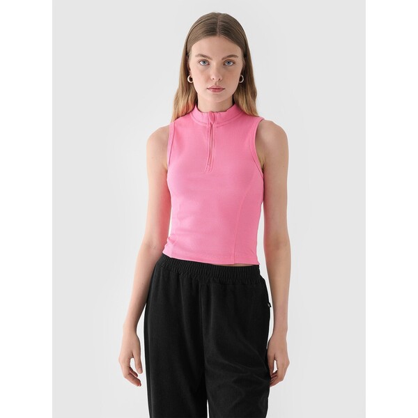 4F Top slim z prążkowanej dzianiny damski - różowy 4FWSS24TSLEF066-56S
