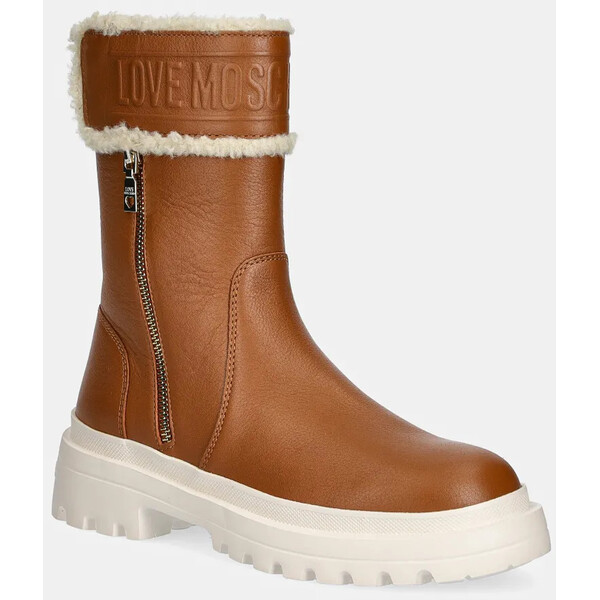 Love Moschino botki  damskie kolor brązowy na płaskim obcasie lekko ocieplone JA24245G0LIC620A