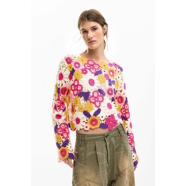 Desigual Wielokolorowy szydełkowy sweter 26SWJFXF1001