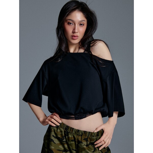 House Czarna warstwowa bluzka z detalami moro 861JJ-99X