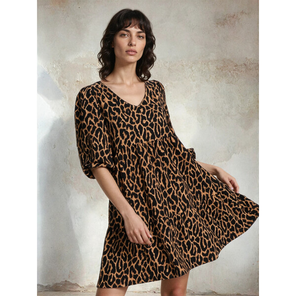 Sinsay Sukienka mini babydoll w panterkę 208GY-88X