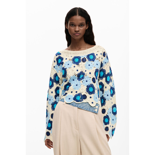 Desigual sweter szydełkowy w kwiaty 26SWJFXG5050