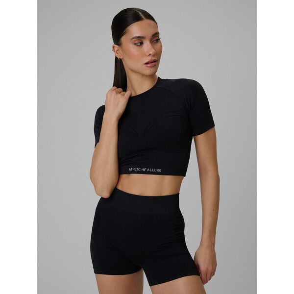 4F Crop top treningowy bezszwowy damski - czarny 4FWMM00TLONF431-20S