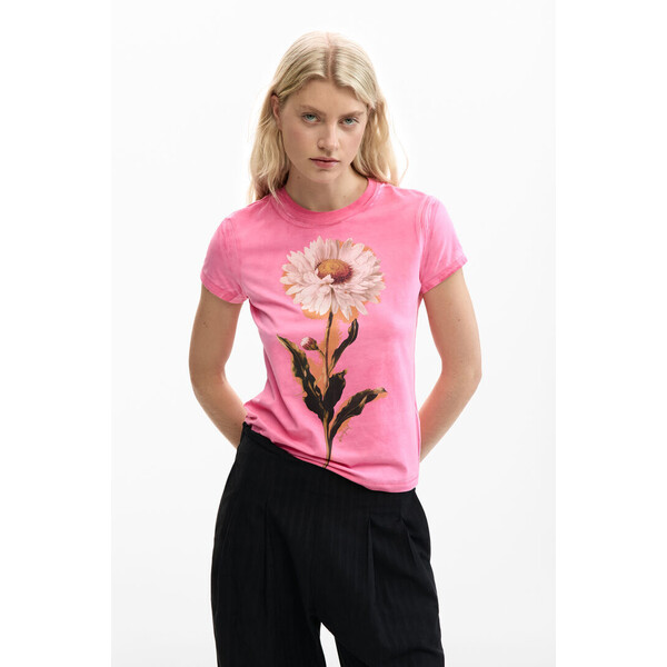Desigual Dopasowana koszulka w stokrotki 26SWTKXO3049