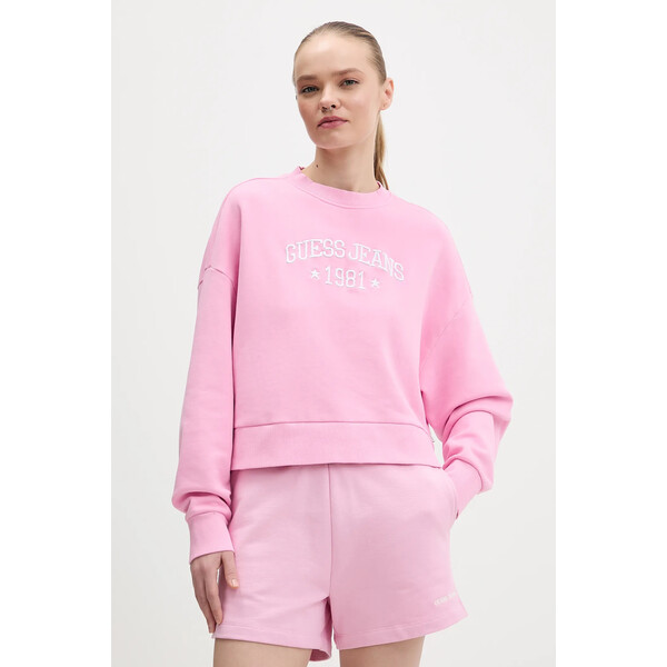 Guess Jeans bluza bawełniana  damska kolor różowy z aplikacją W6RQ04 KCPR1 W6RQ04.KCPR1