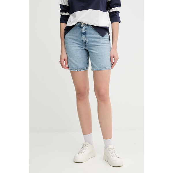 Tommy Hilfiger szorty jeansowe bawełniane  damskie kolor niebieski gładkie high waist WW0WW45505