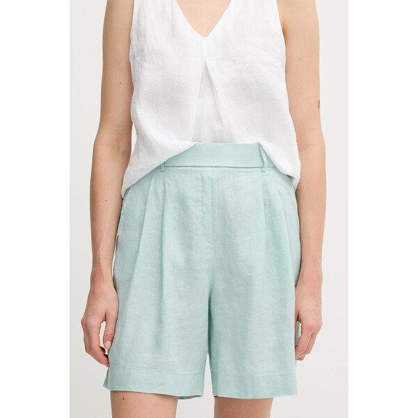 United Colors of Benetton szorty lniane  kolor turkusowy gładkie high waist 4AGHD901V
