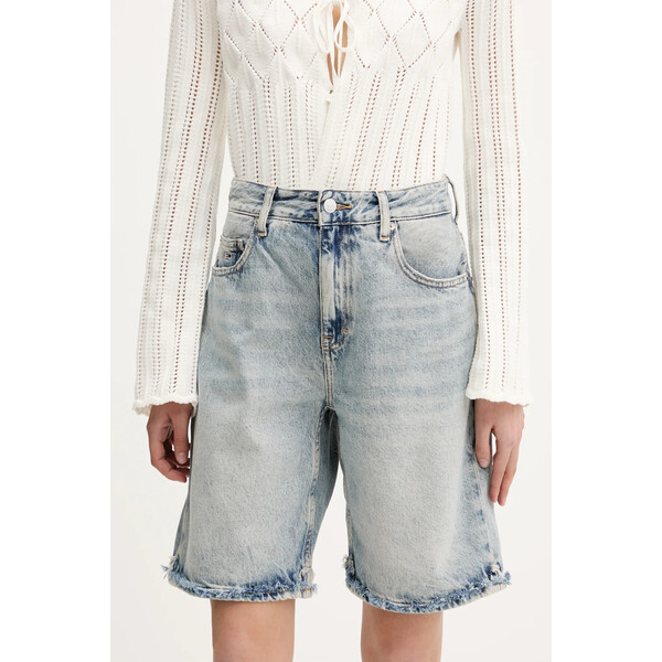 Tommy Jeans szorty jeansowe  damskie kolor niebieski gładkie high waist DW0DW20086