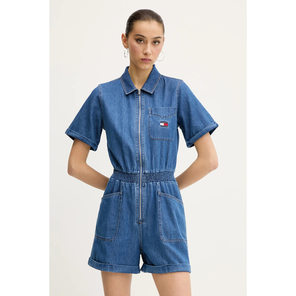 Tommy Jeans kombinezon jeansowy  kolor niebieski bawełniany z kołnierzykiemm DW0DW20371