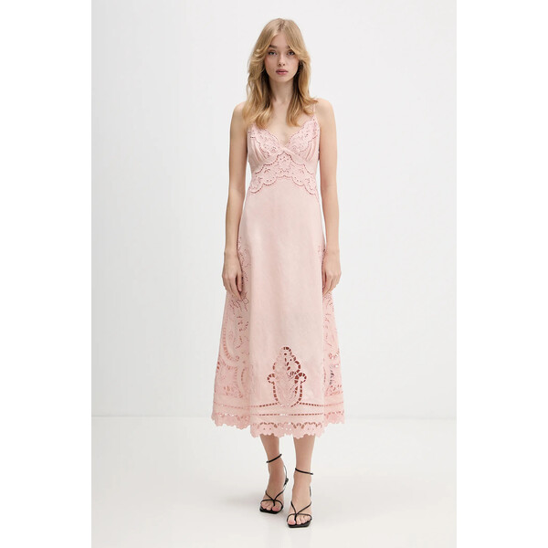 Farm Rio sukienka lniana  kolor różowy midi rozkloszowana 351184