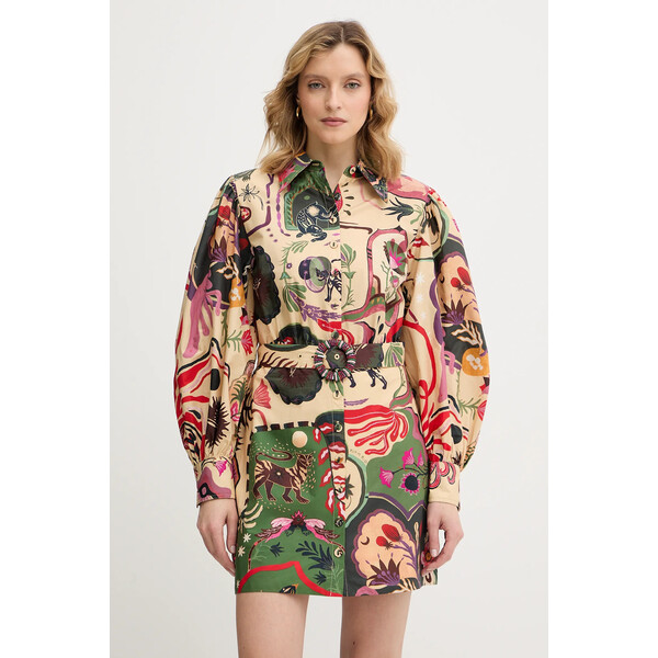 Farm Rio sukienka bawełniana  kolor beżowy mini prosta 350089