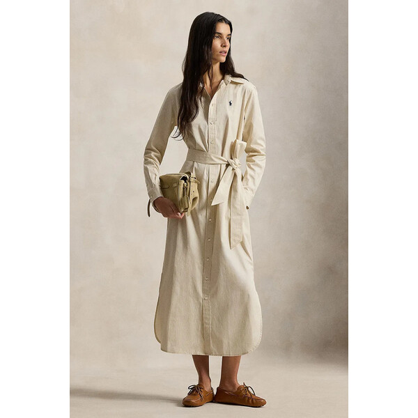 Polo Ralph Lauren sukienka bawełniana  kolor beżowy midi rozkloszowana 211A96362