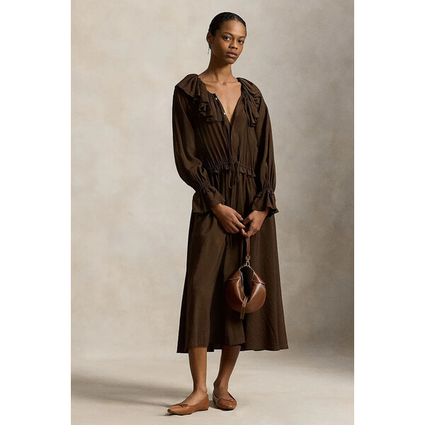 Polo Ralph Lauren sukienka  kolor brązowy midi rozkloszowana 211A96366